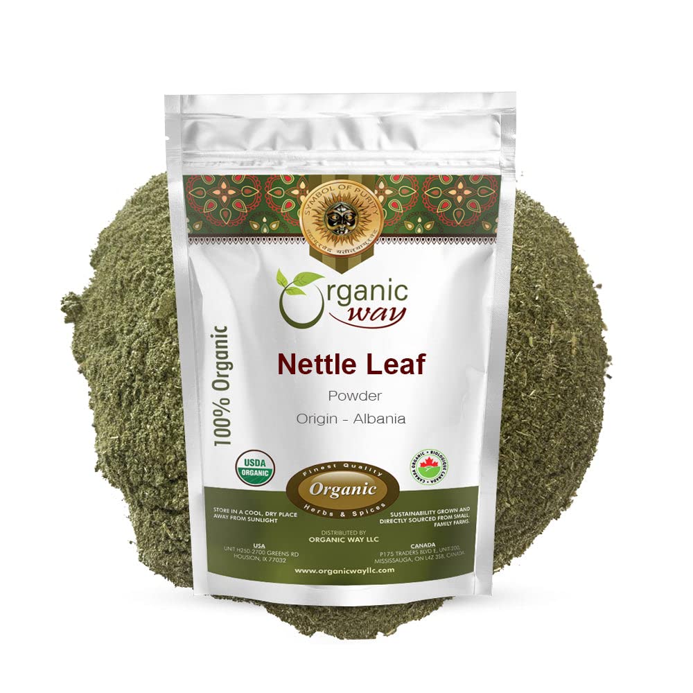 Organic Way Nettle Leaf Powder bottle showcases premium herb for versatile cooking.