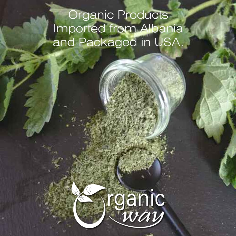 Organic Way Nettle Leaf Powder packaging highlights freshness and long shelf life.