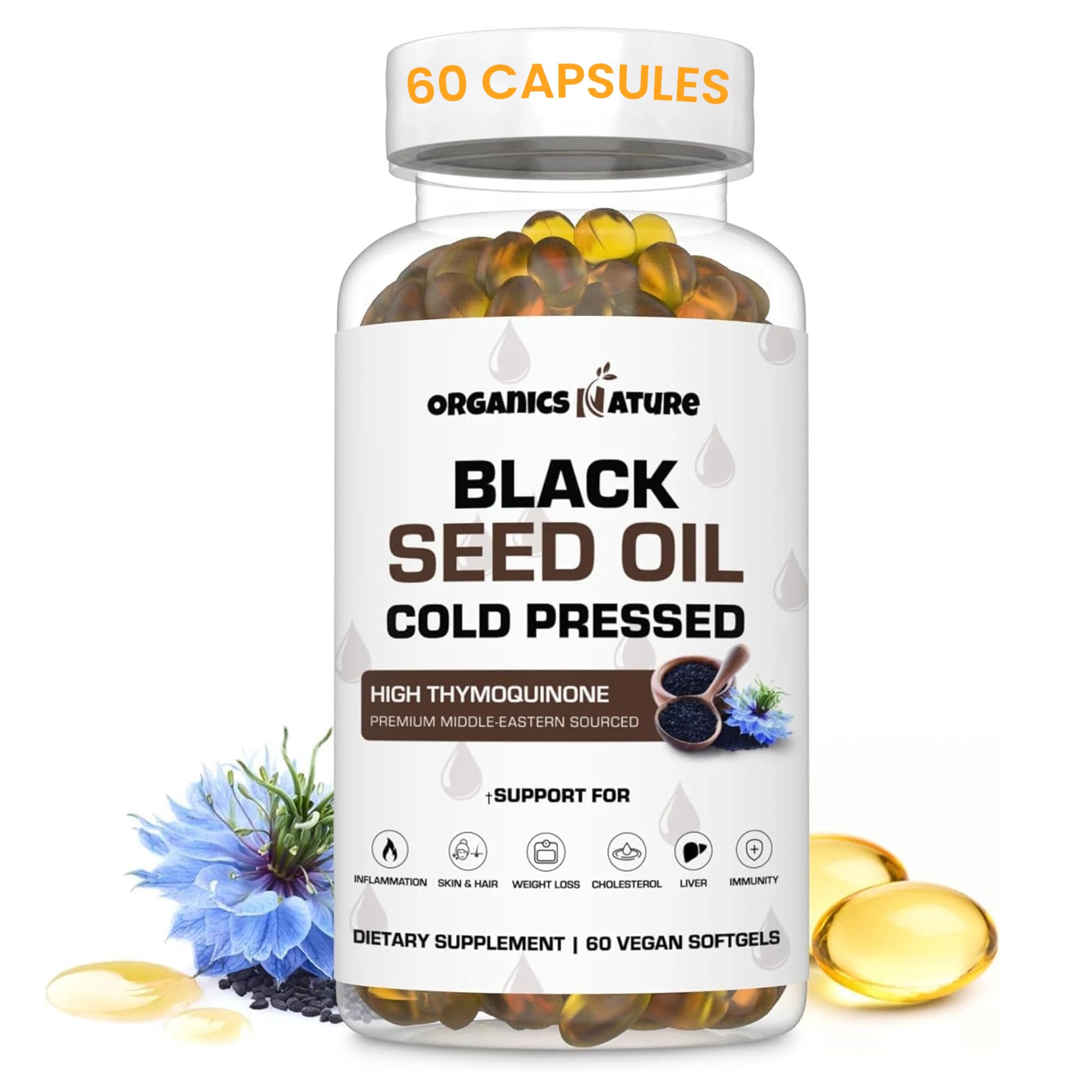 Organics Nature black seed oil capsules bottle shows vegan, non-GMO immunity-support supplement
