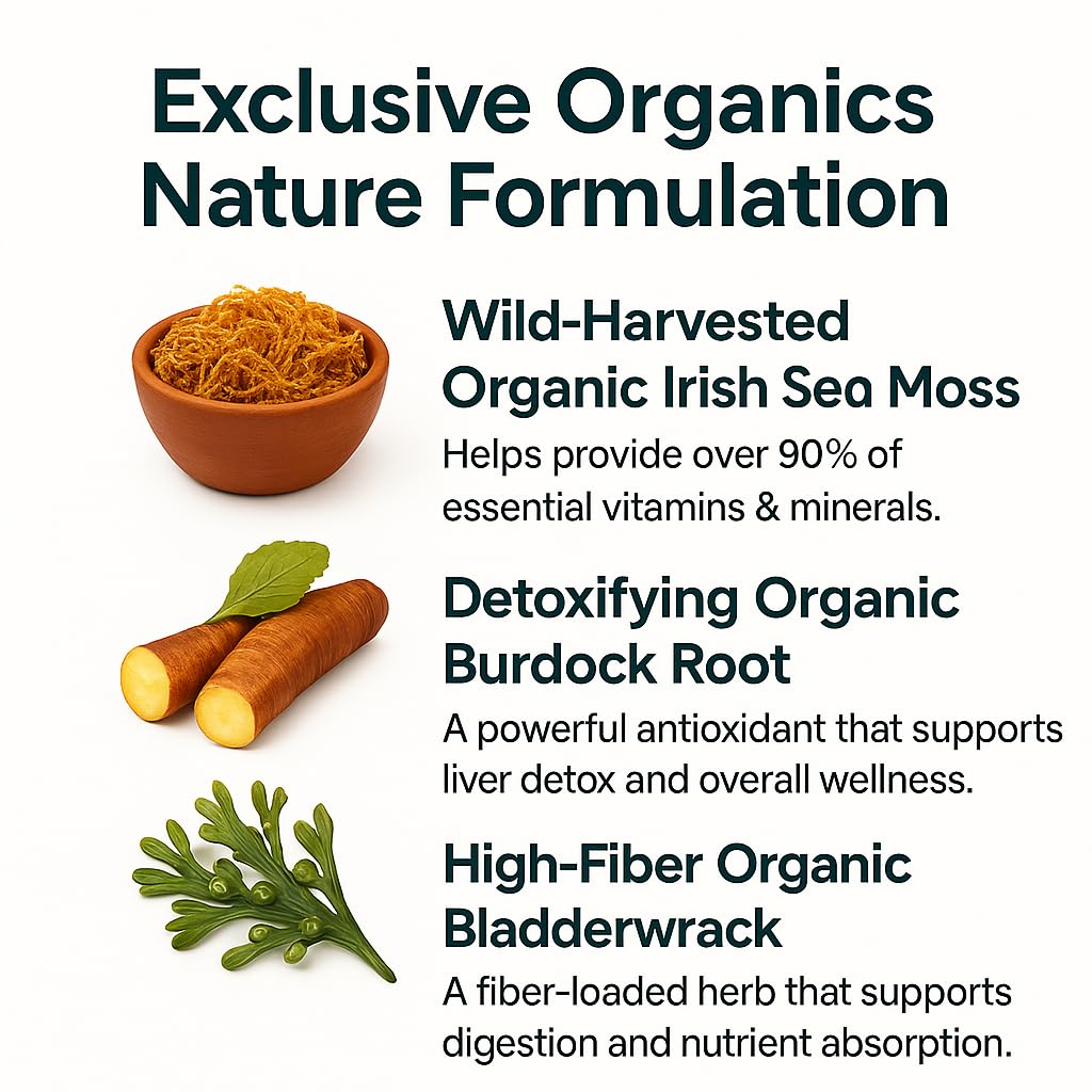 Organics Nature sea moss label packaging highlighting Dr. Sebi approved sea moss