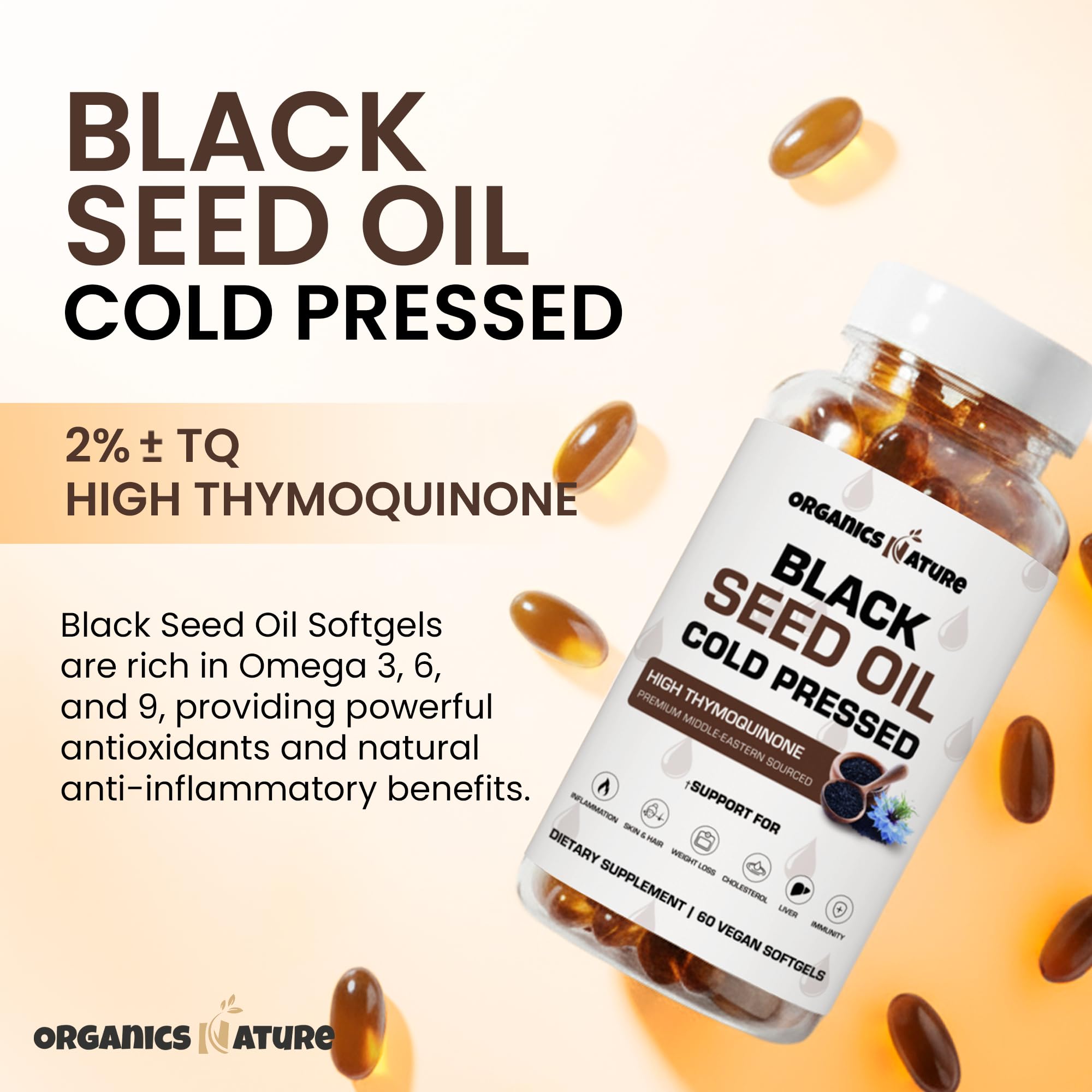 Organics Nature softgels front label highlights cold-pressed extraction for purity