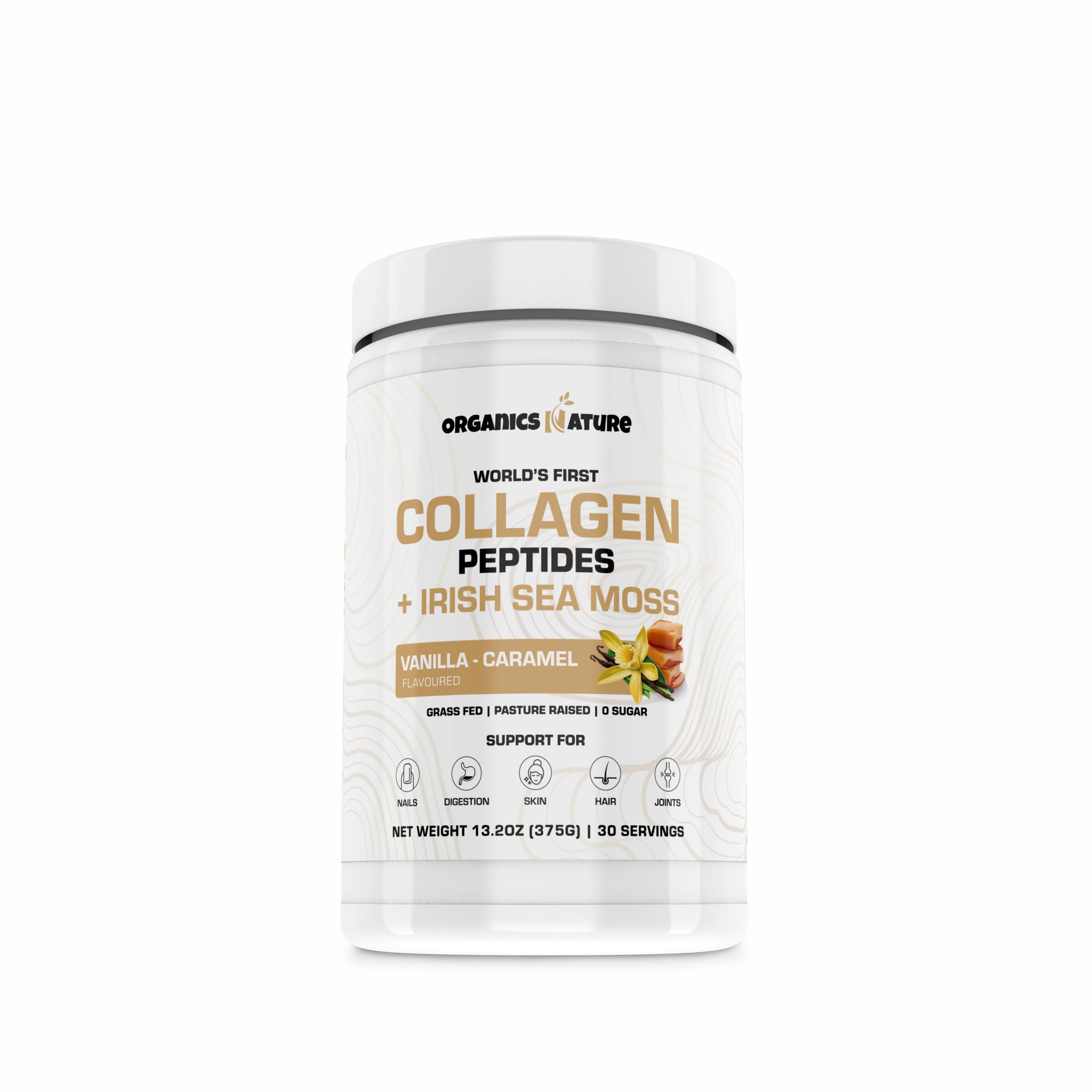 Organics Nature Vanilla Caramel Collagen Powder tub boosts skin, hair, and nails.