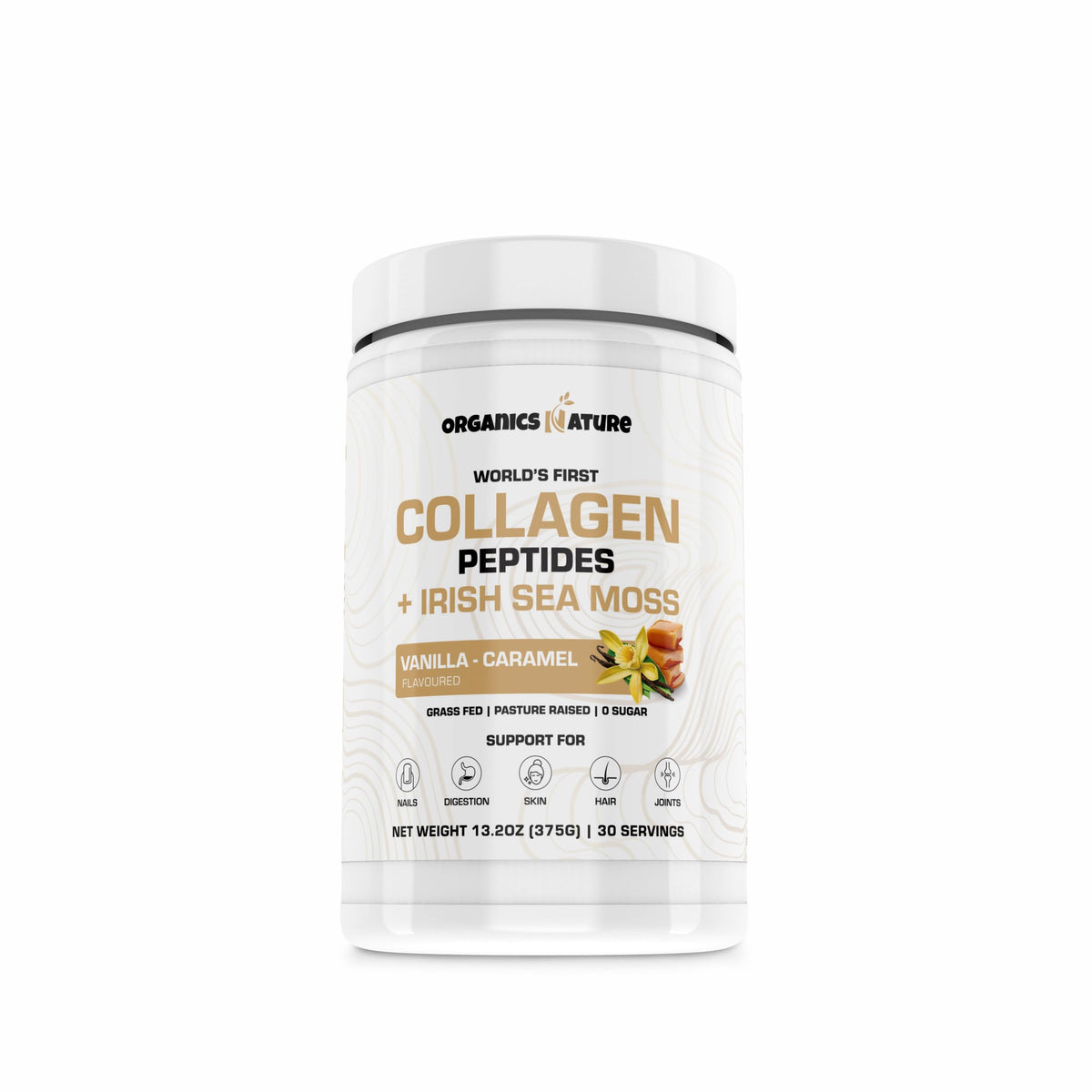 Organics Nature Vanilla Caramel Collagen Powder tub boosts skin, hair, and nails.