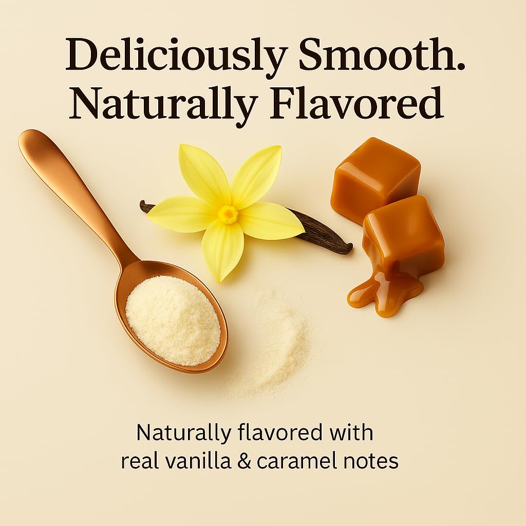 Organics Nature Vanilla Caramel flavor scoop on glass with smoothie.