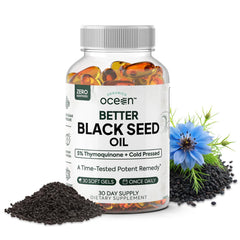 Organics Ocean Better Black Seed Oil bottle highlights pure Nigella sativa for immune support