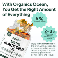 Organics Ocean Better Black Seed Oil label closeup emphasizes 5% thymoquinone purity