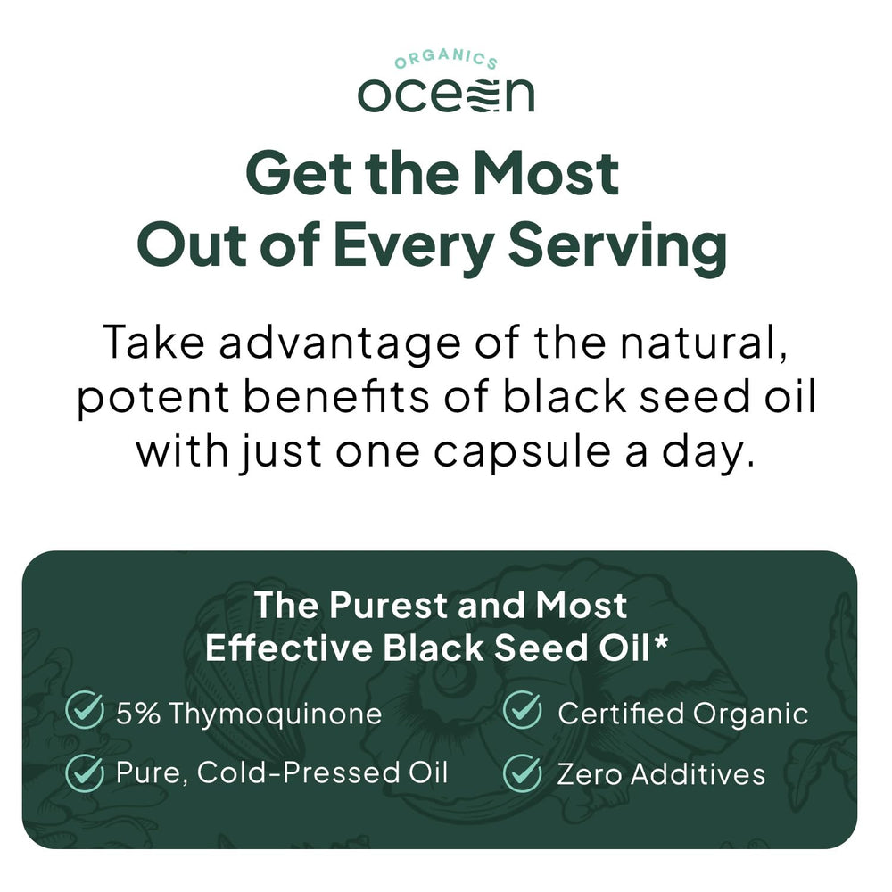 Organics Ocean Better Black Seed Oil on a shelf conveys premium organic wellness