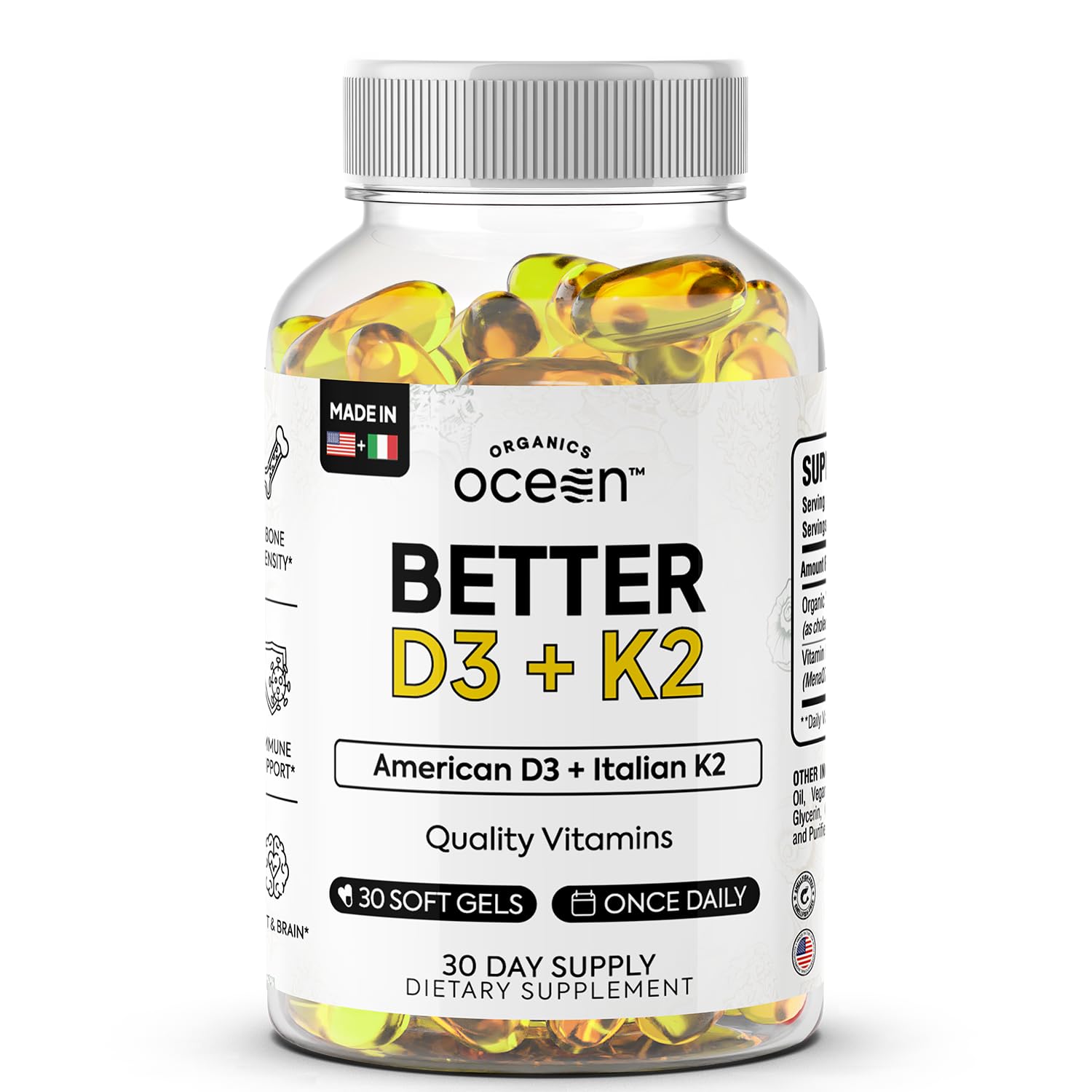 Organics Ocean Better D3 + K2 bottle with pour demonstrates easy daily intake for bone support.