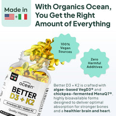 Organics Ocean Better D3 + K2 ingredients panel clearly lists VegD3 and MenaQ7.