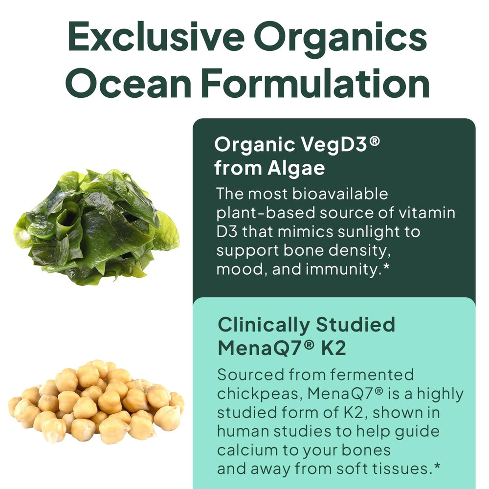 Organics Ocean MenaQ7 K2 bottle-label indicates MK7 potency for enhanced synergy.