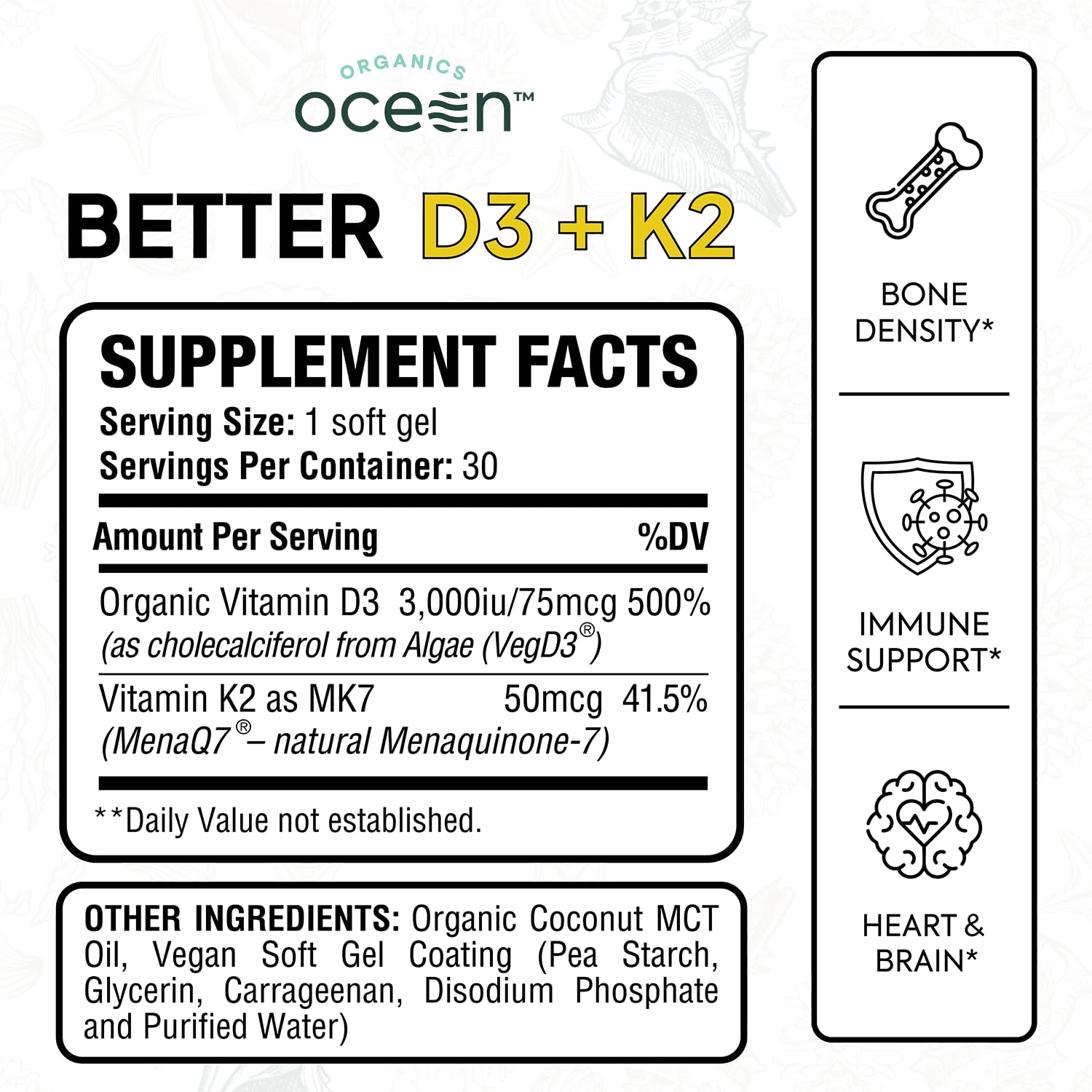 Organics Ocean Better D3 + K2 softgel closeup highlights vegan D3 from VegD3 for bioavailability.