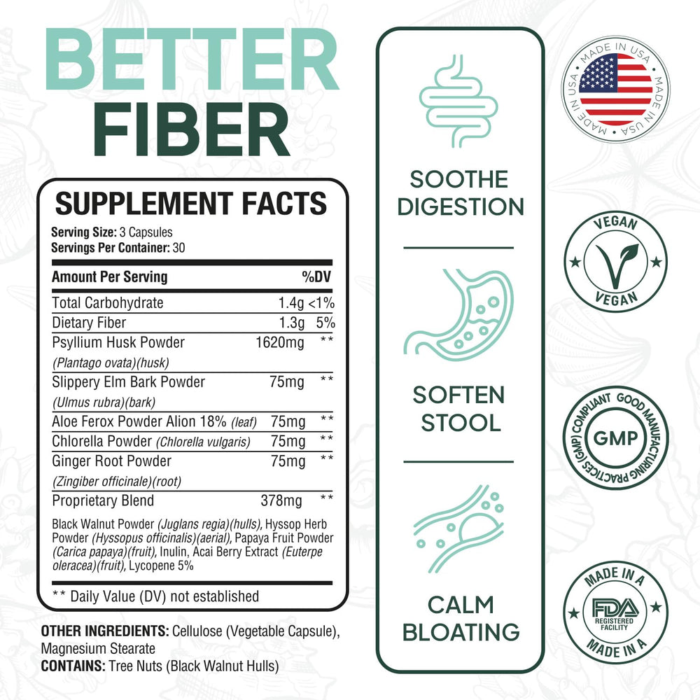 Organics Ocean Better Fiber capsules close-up highlights psyllium husk for gentle, regular digestion.