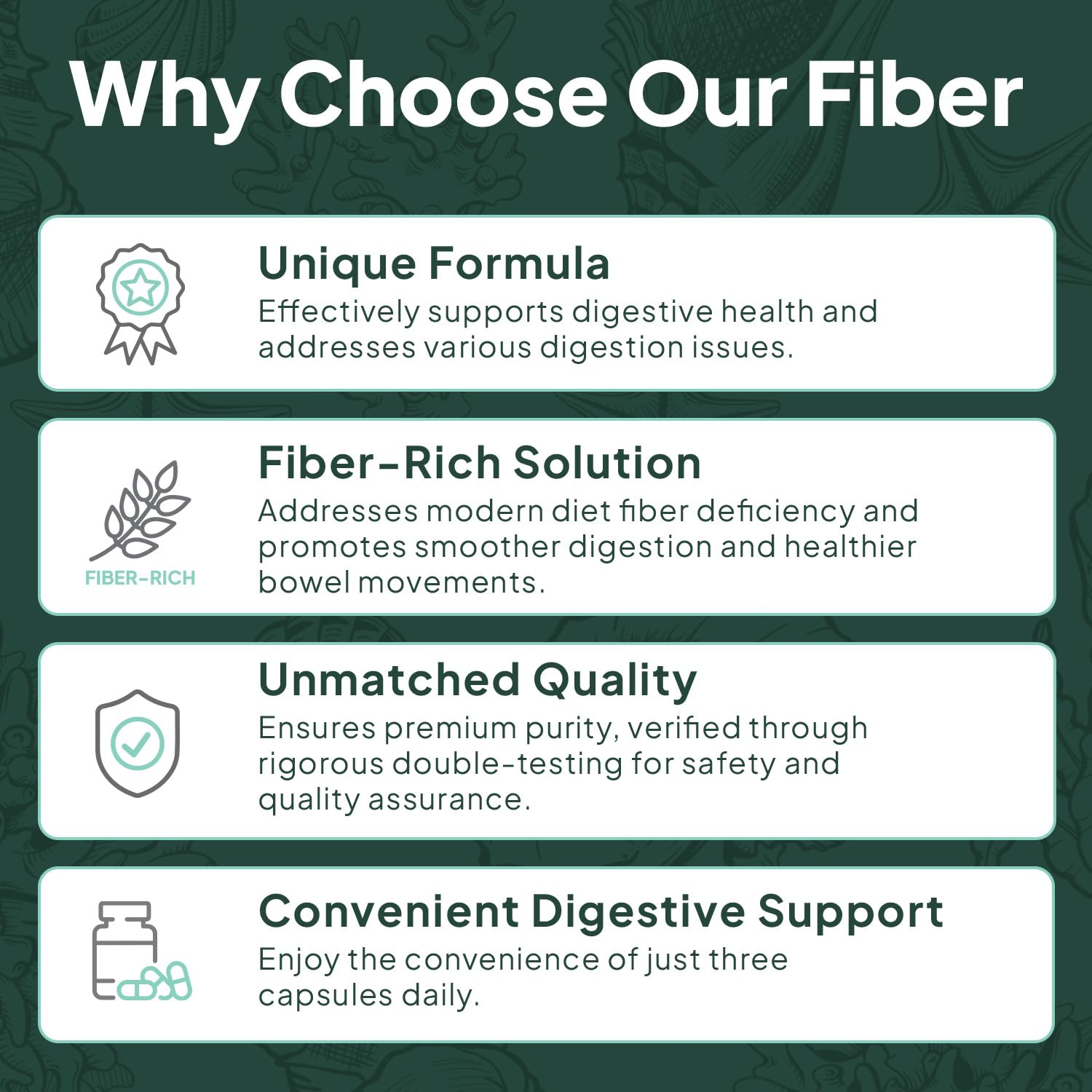 Three capsules daily usage diagram for consistent digestion with Organics Ocean Better Fiber.