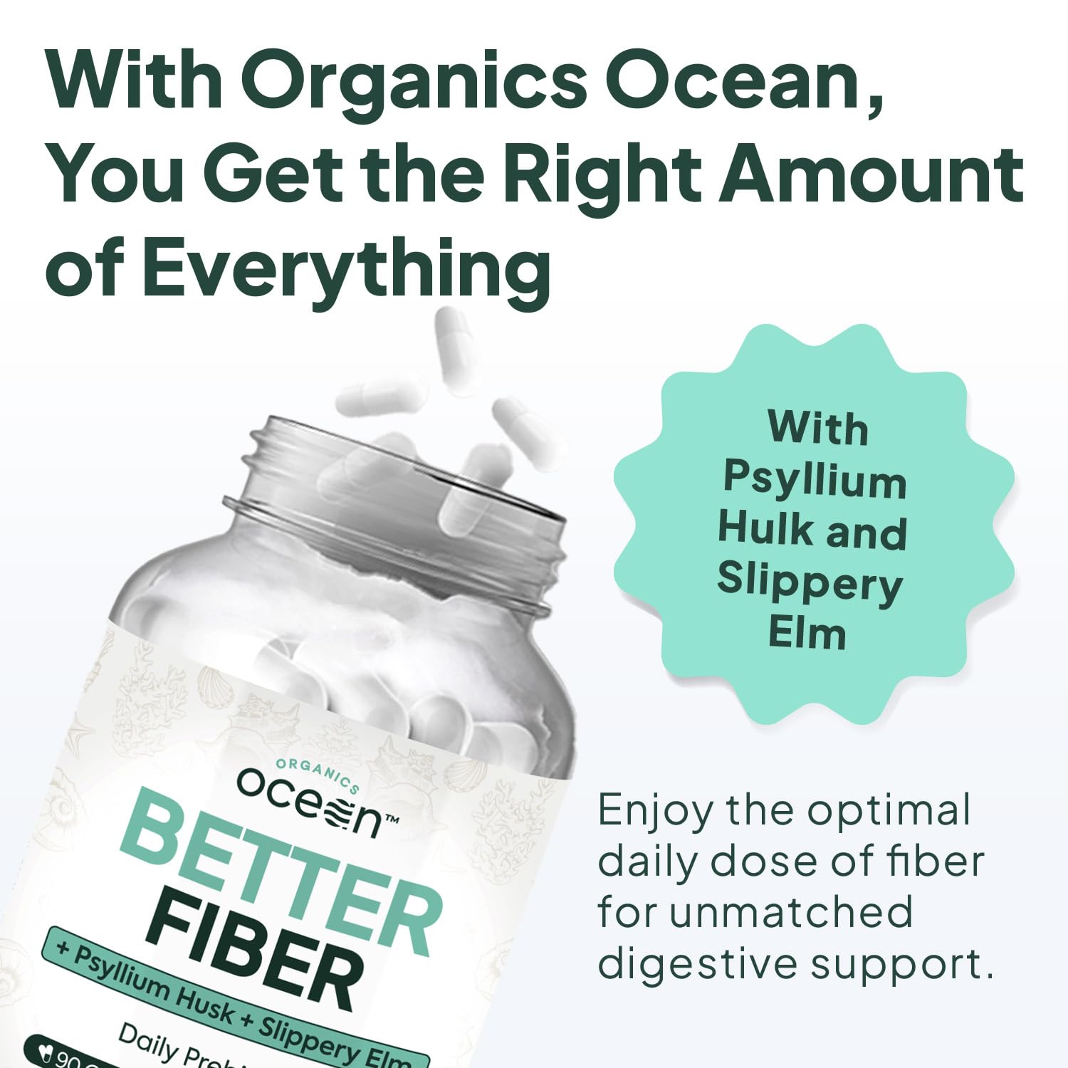 Organics Ocean Better Fiber psyllium husk detail on label for comfortable bowel movements.
