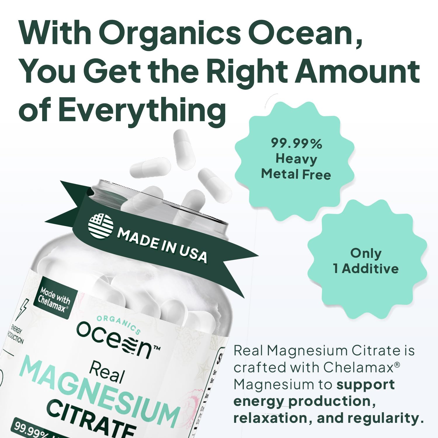 Organics Ocean Real Magnesium Citrate from the Dead Sea provides purity.