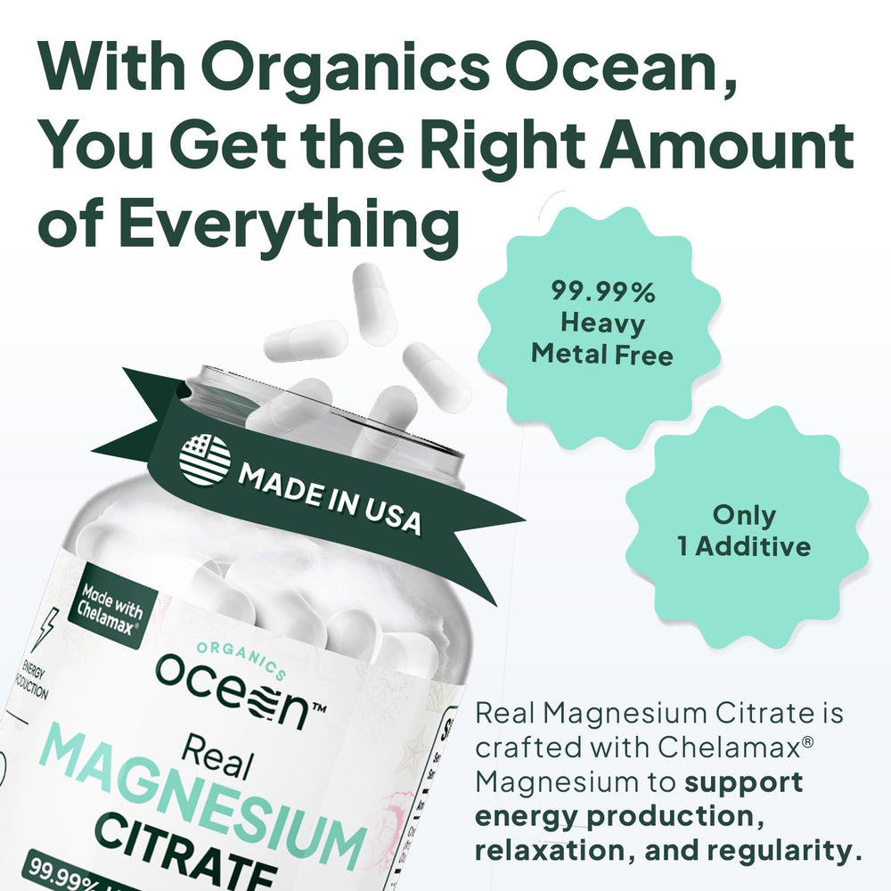 Organics Ocean Real Magnesium Citrate from the Dead Sea provides purity.