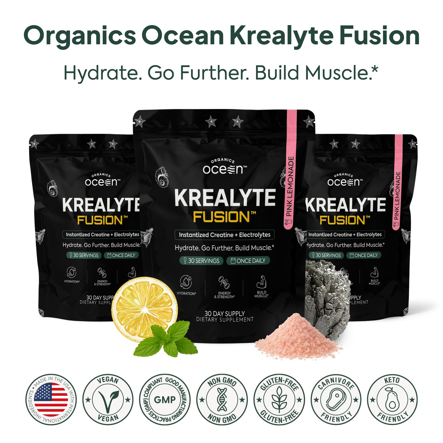 Organics Ocean Krealyte Fusion pink lemonade flavor on perspective bottle and powder