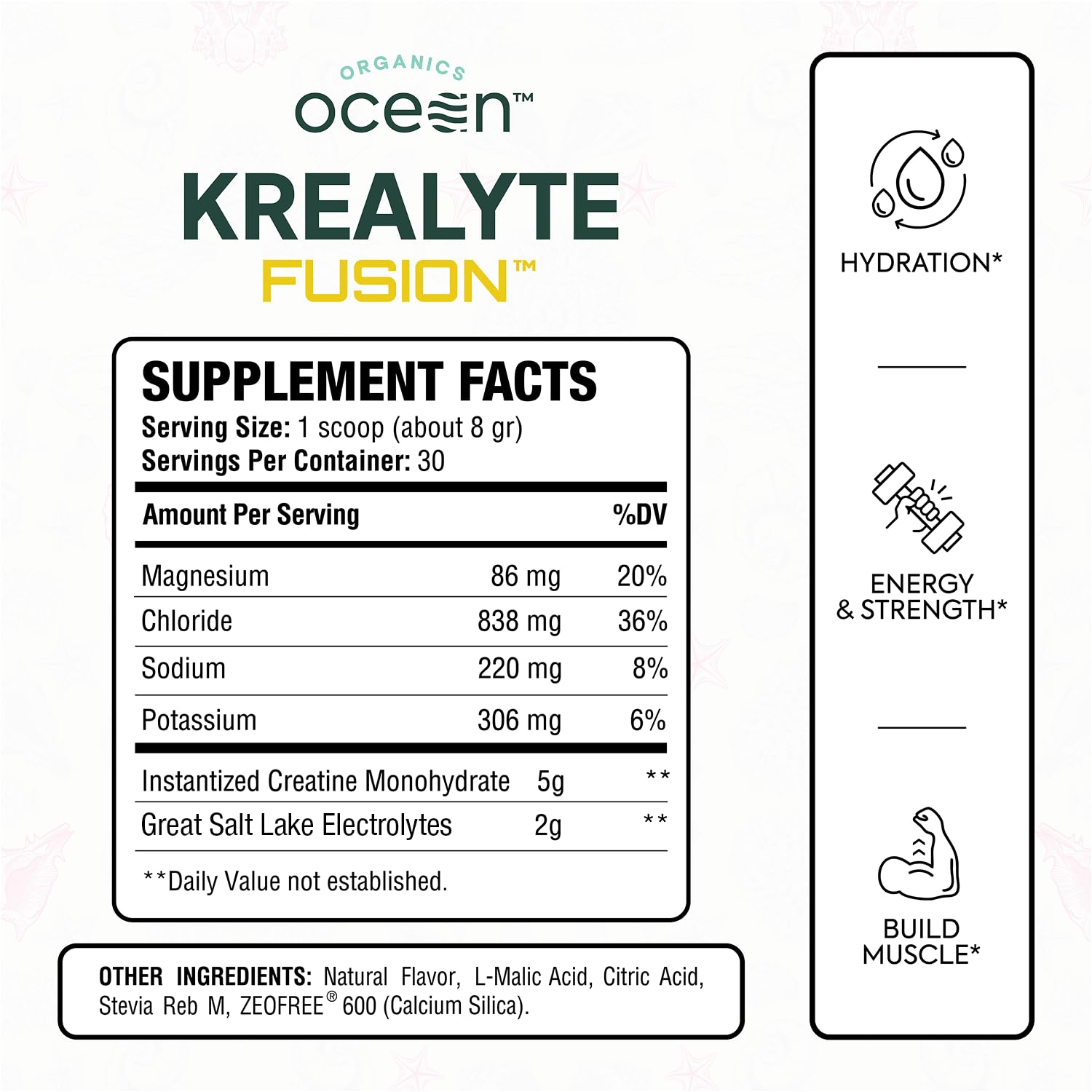 Organics Ocean Krealyte Fusion pink lemonade powder with scoop for fast mixability