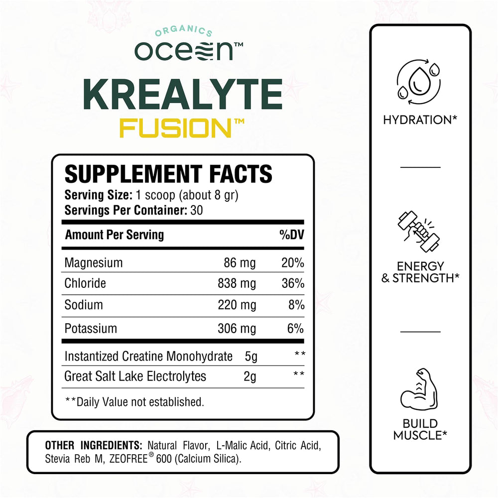 Organics Ocean Krealyte Fusion pink lemonade powder with scoop for fast mixability