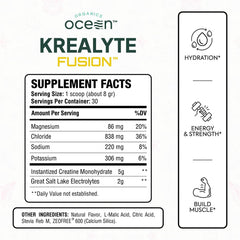 Organics Ocean Krealyte Fusion pink lemonade powder with scoop for fast mixability