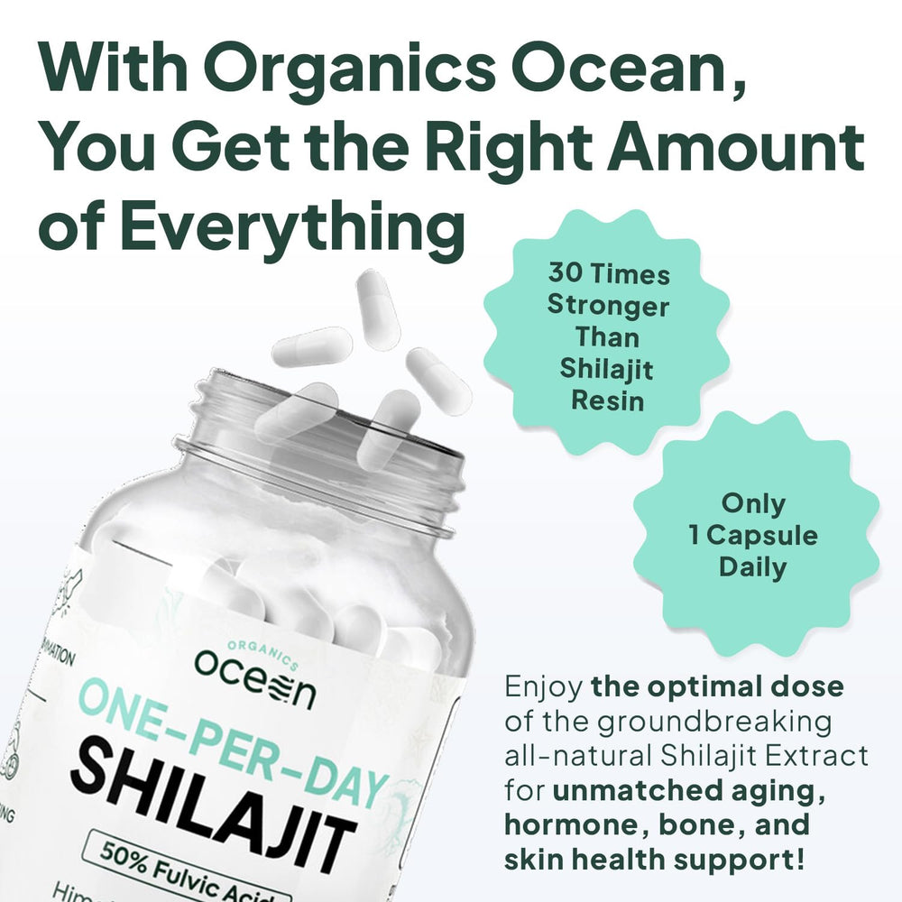 Organics Ocean One-Per-Day Shilajit capsule close-up highlighting potency for daily use.
