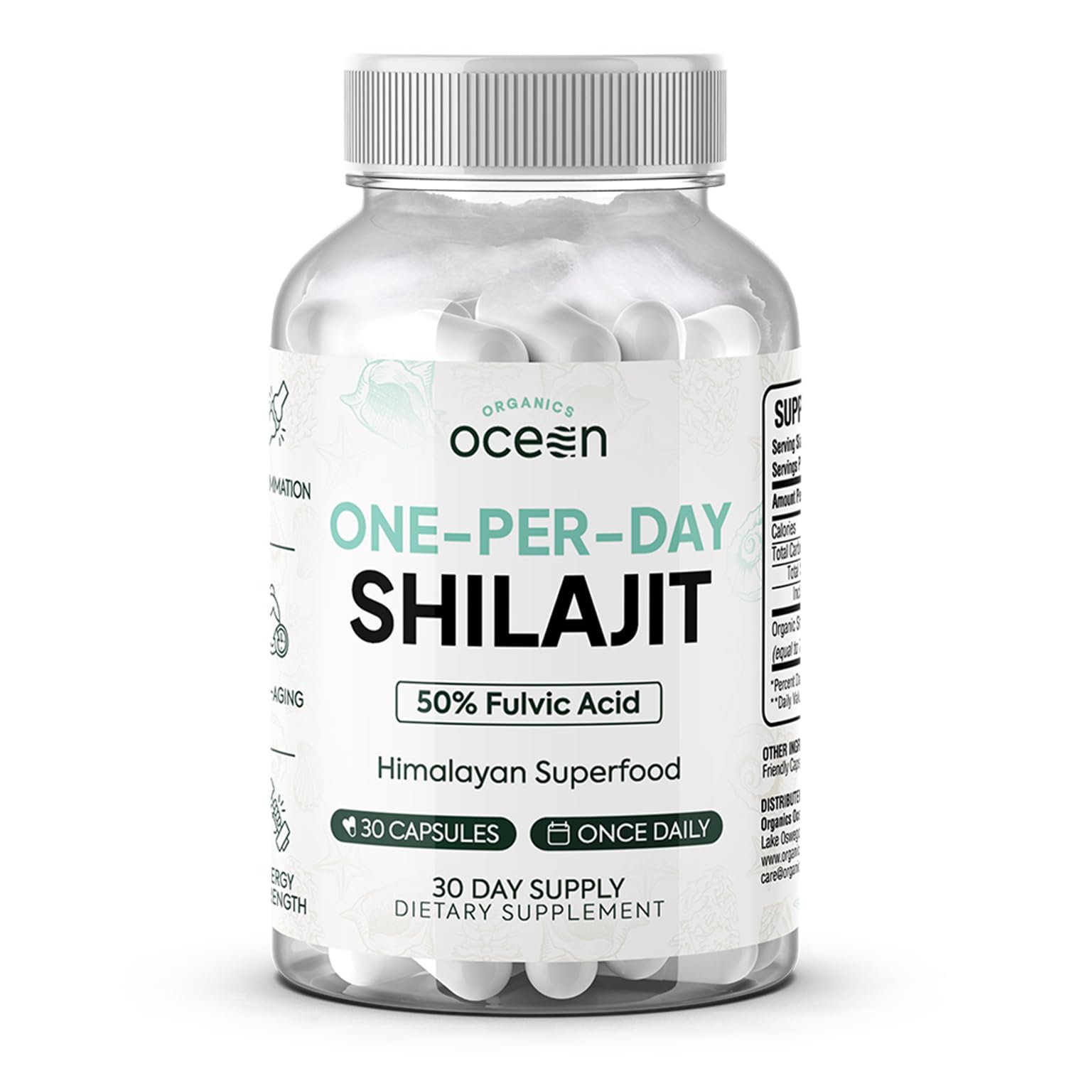 Organics Ocean One-Per-Day Shilajit capsule close-up for daily vitality.