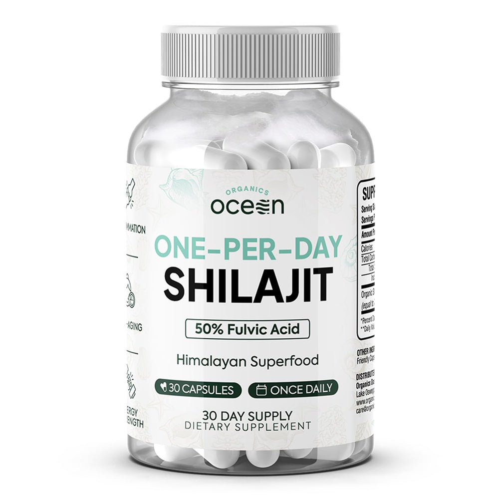 Organics Ocean One-Per-Day Shilajit capsule close-up for daily vitality.