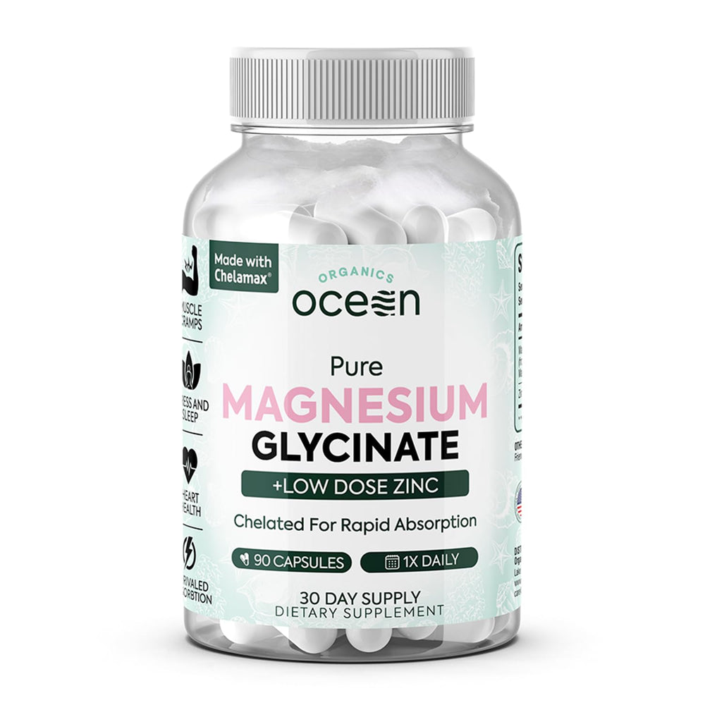 Organics Ocean pure magnesium glycinate with zinc bottle highlights high absorption.