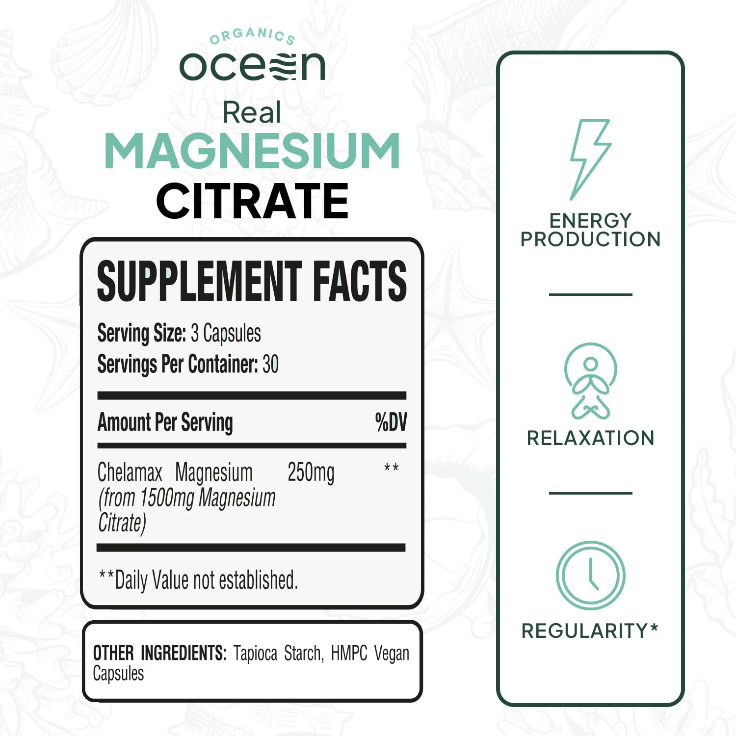 Organics Ocean Real Magnesium Citrate bottle highlights a pure, additive-free formula.