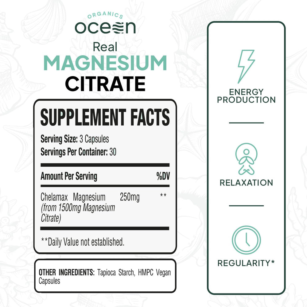 Organics Ocean Real Magnesium Citrate bottle highlights a pure, additive-free formula.