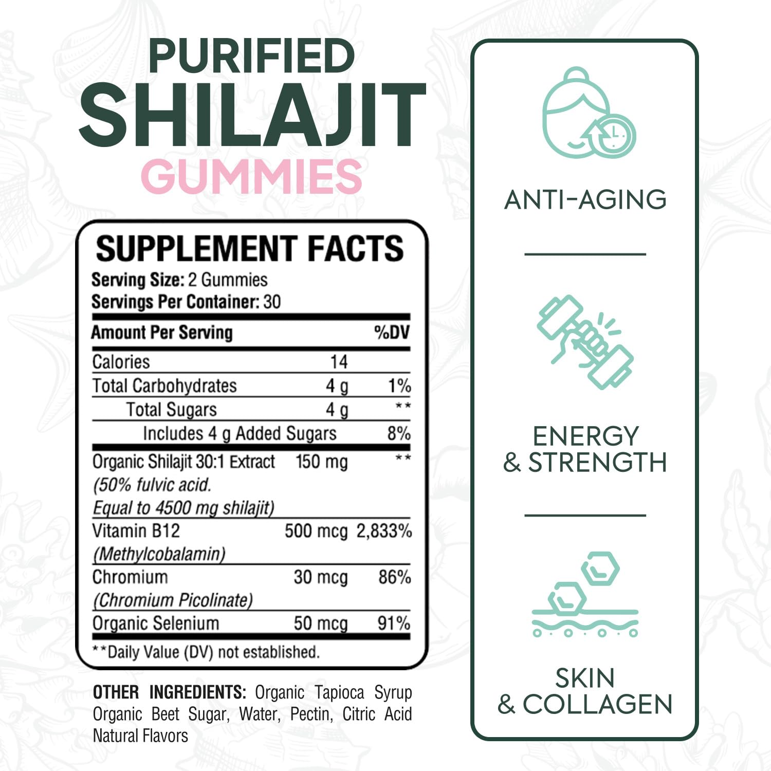 Organics Ocean Shilajit Gummies label close-up highlights minerals and B12 for vitality