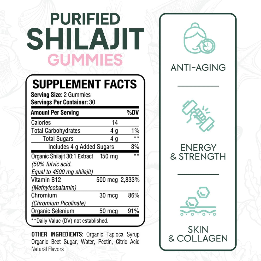 Organics Ocean Shilajit Gummies label close-up highlights minerals and B12 for vitality