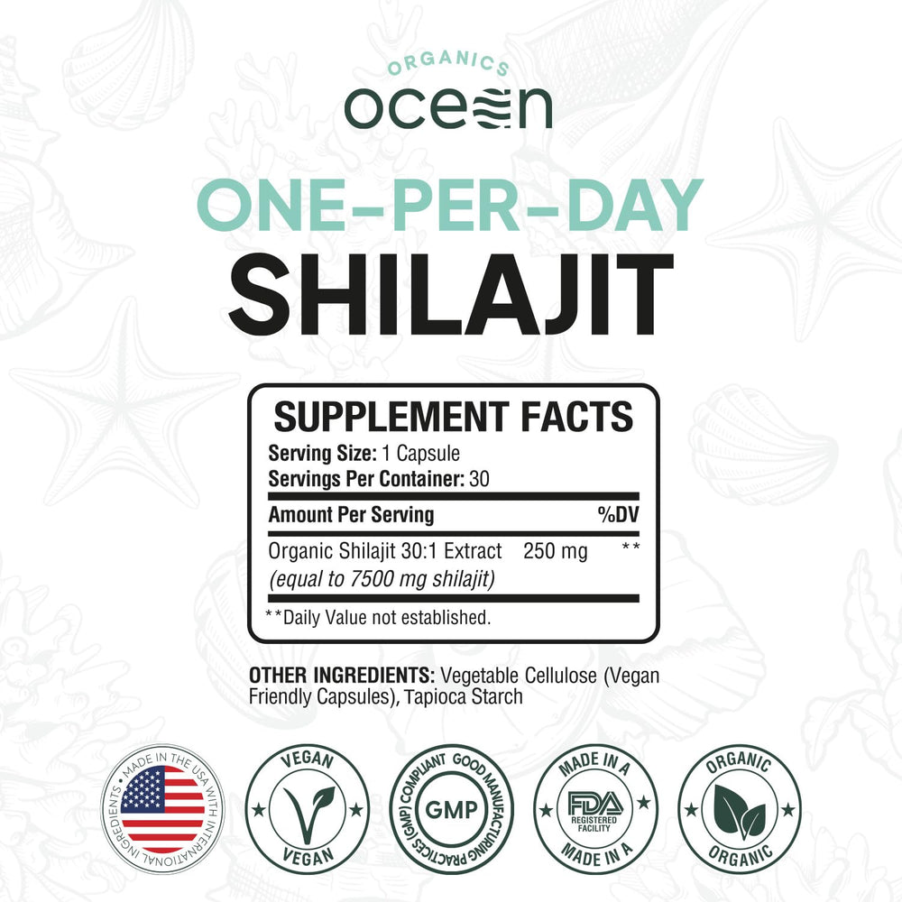 Organics Ocean Shilajit bottle showing Himalayan extract for potential immune support.
