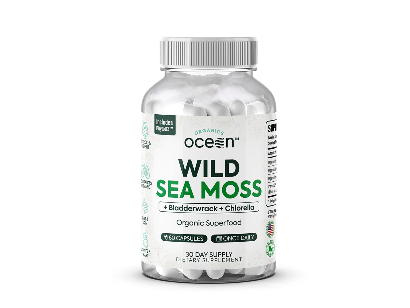 Organics Ocean Wild Sea Moss capsules bottle label highlighting organic minerals