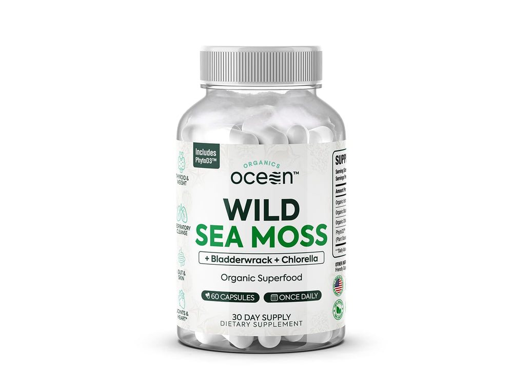 Organics Ocean Wild Sea Moss capsules bottle label highlighting organic minerals