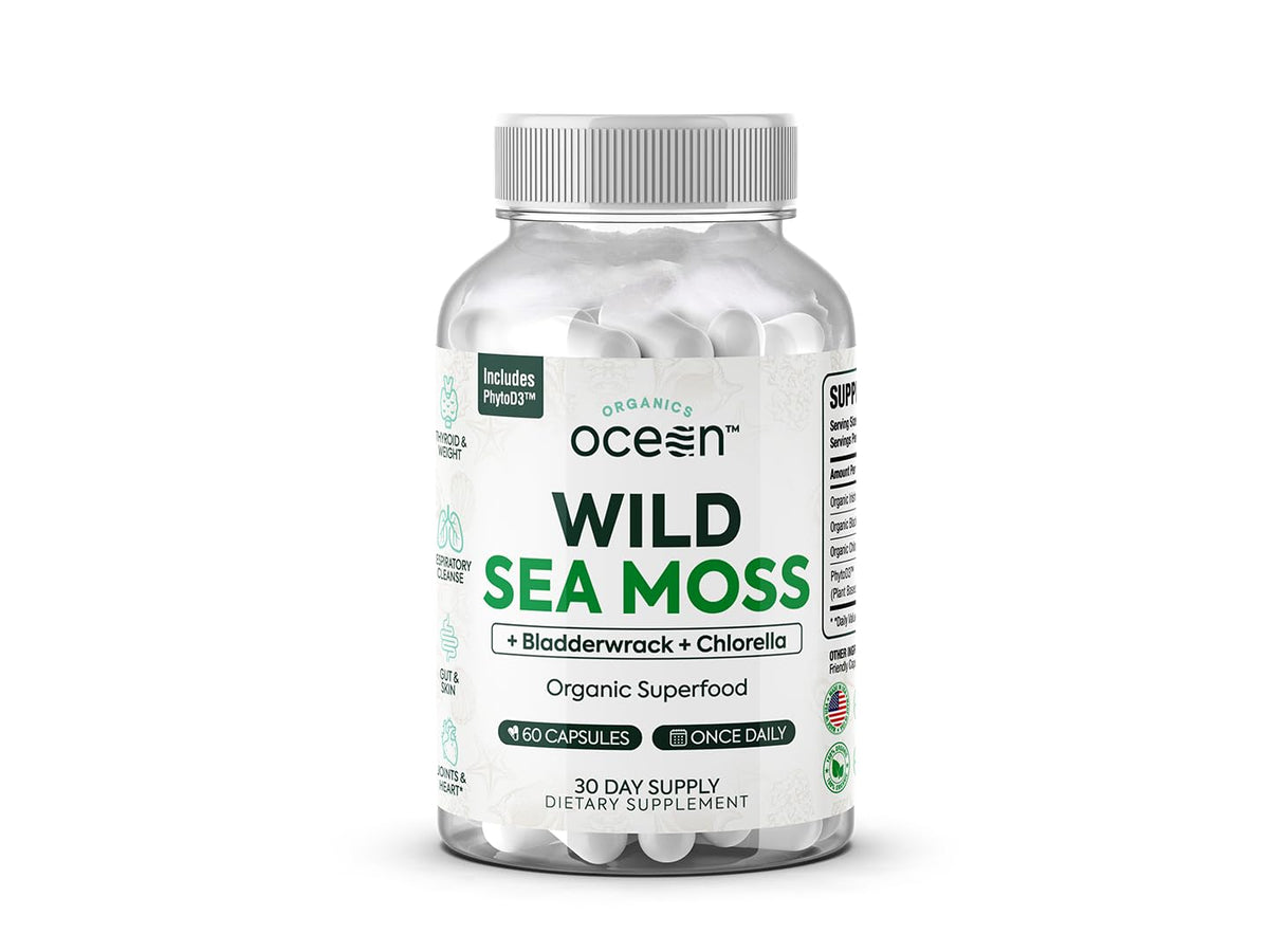 Organics Ocean Wild Sea Moss capsules bottle label highlighting organic minerals