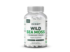 Organics Ocean Wild Sea Moss capsules bottle label highlighting organic minerals