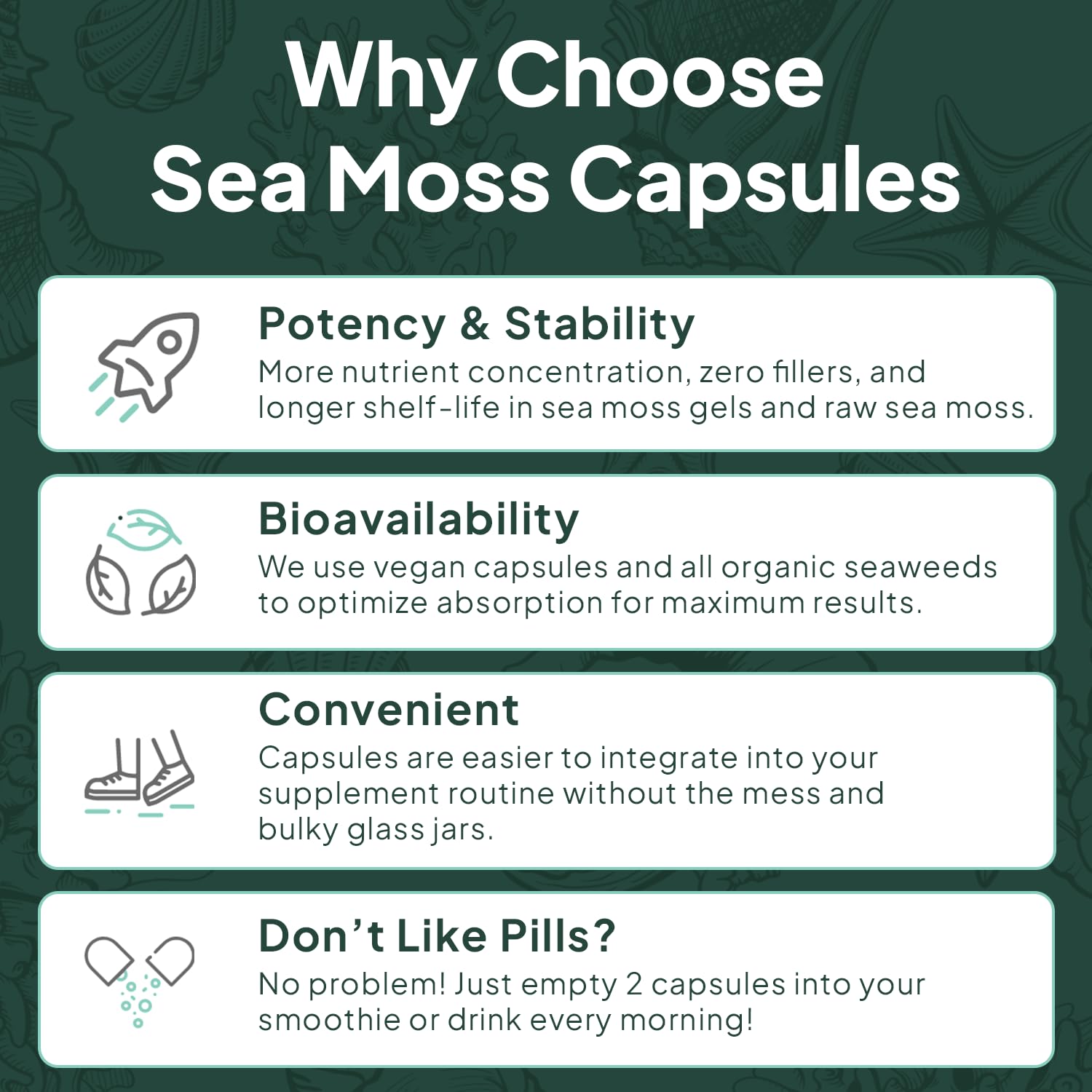 Packaging of Organics Ocean sea moss highlighting minerals and sourcing