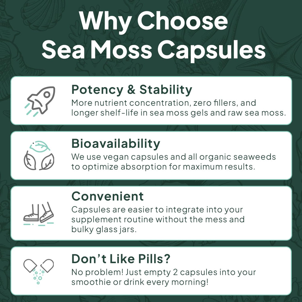 Packaging of Organics Ocean sea moss highlighting minerals and sourcing