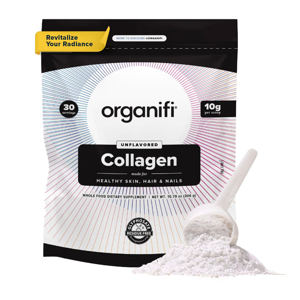 Organifi Collagen Powder bottle pour illustrating easy daily use for skin support.