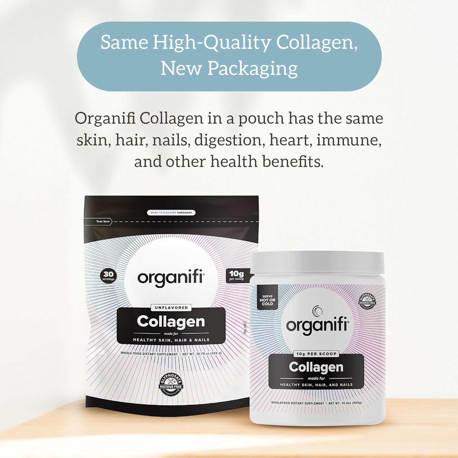 Organifi Collagen Powder glass stand highlights daily ritual for nails and hydration.