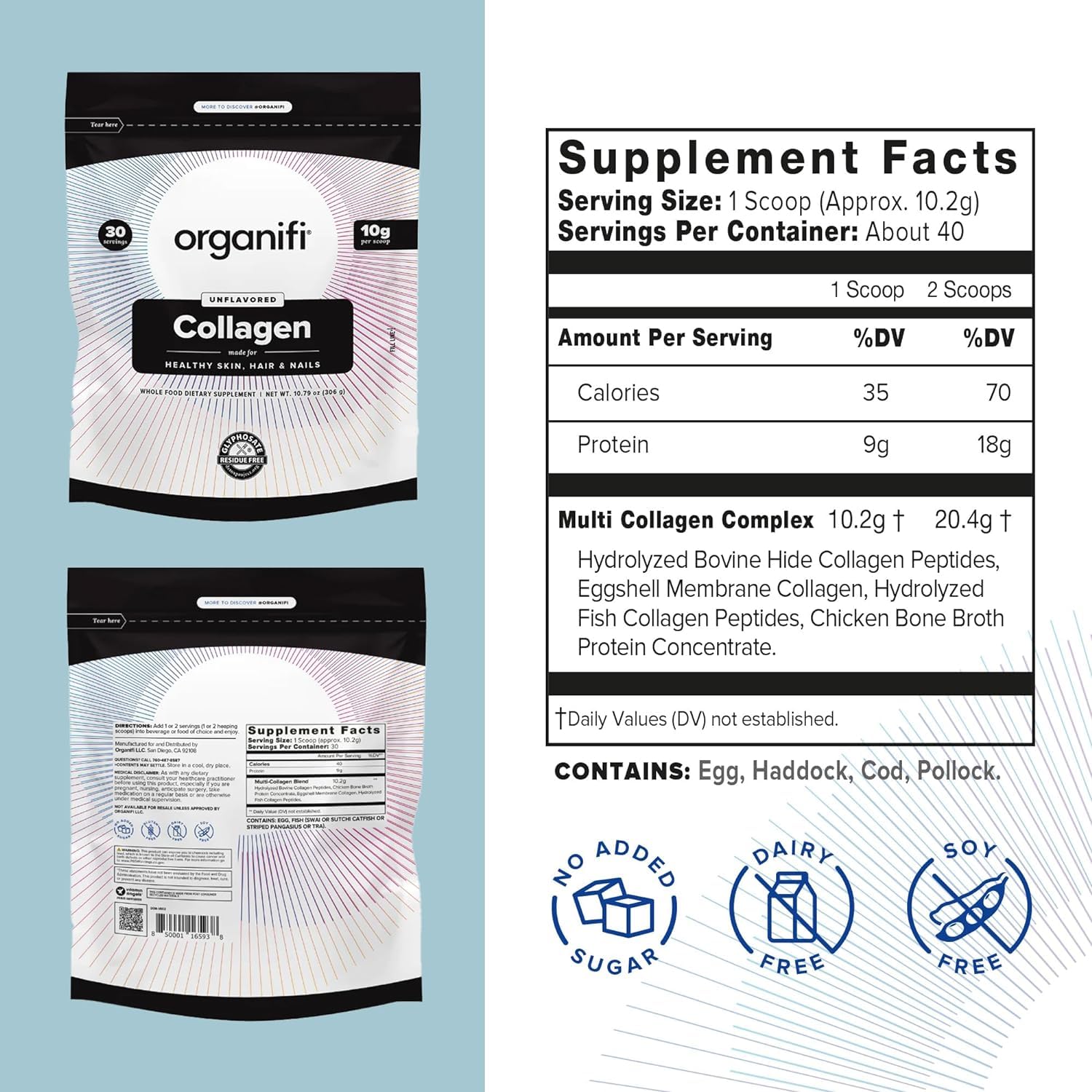 Organifi Collagen Powder scoop in bowl showing convenient serving for radiance.