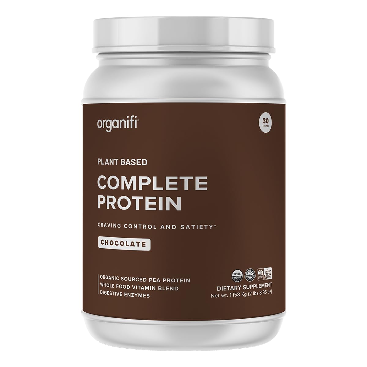 Organifi Complete Protein chocolate bottle highlights vegan formula for convenient nutrition