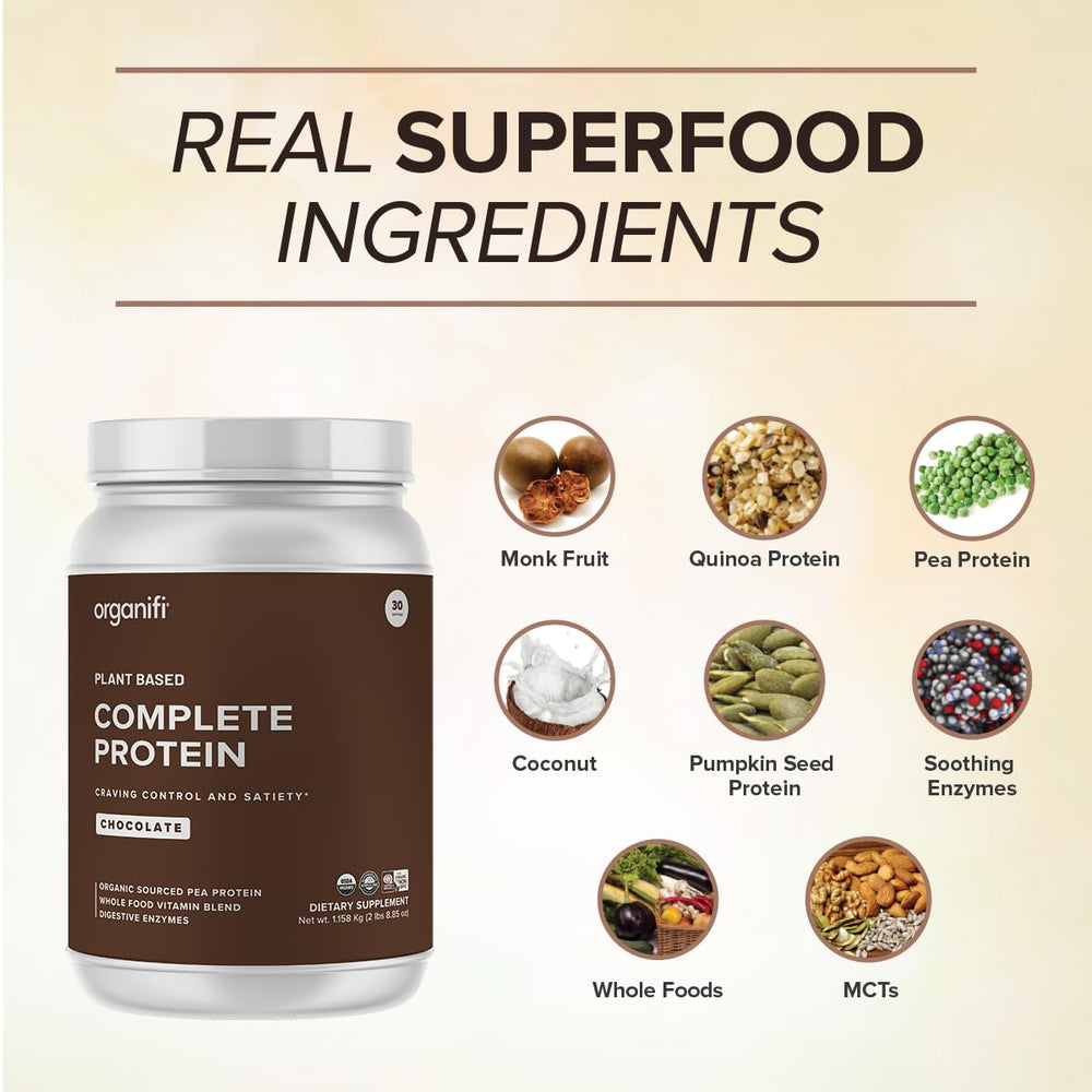 Organifi Complete Protein chocolate label highlights digestive enzymes benefit