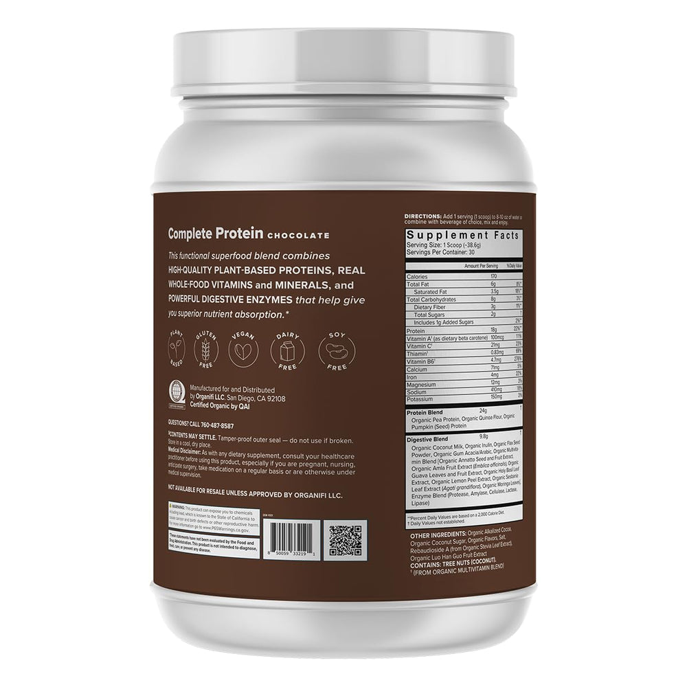 Organifi Complete Protein chocolate powder scoop shows easy, quick mix for busy mornings