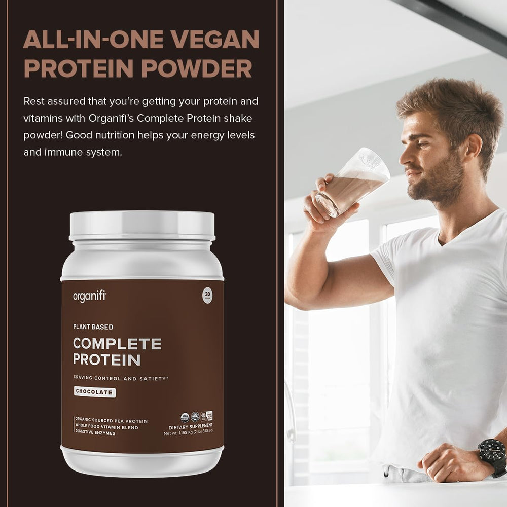 Organifi Complete Protein chocolate shake in glass with creamy texture