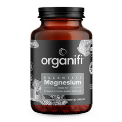 Organifi Essential Magnesium Glycinate bottle on shelf promoting bone and muscle support.
