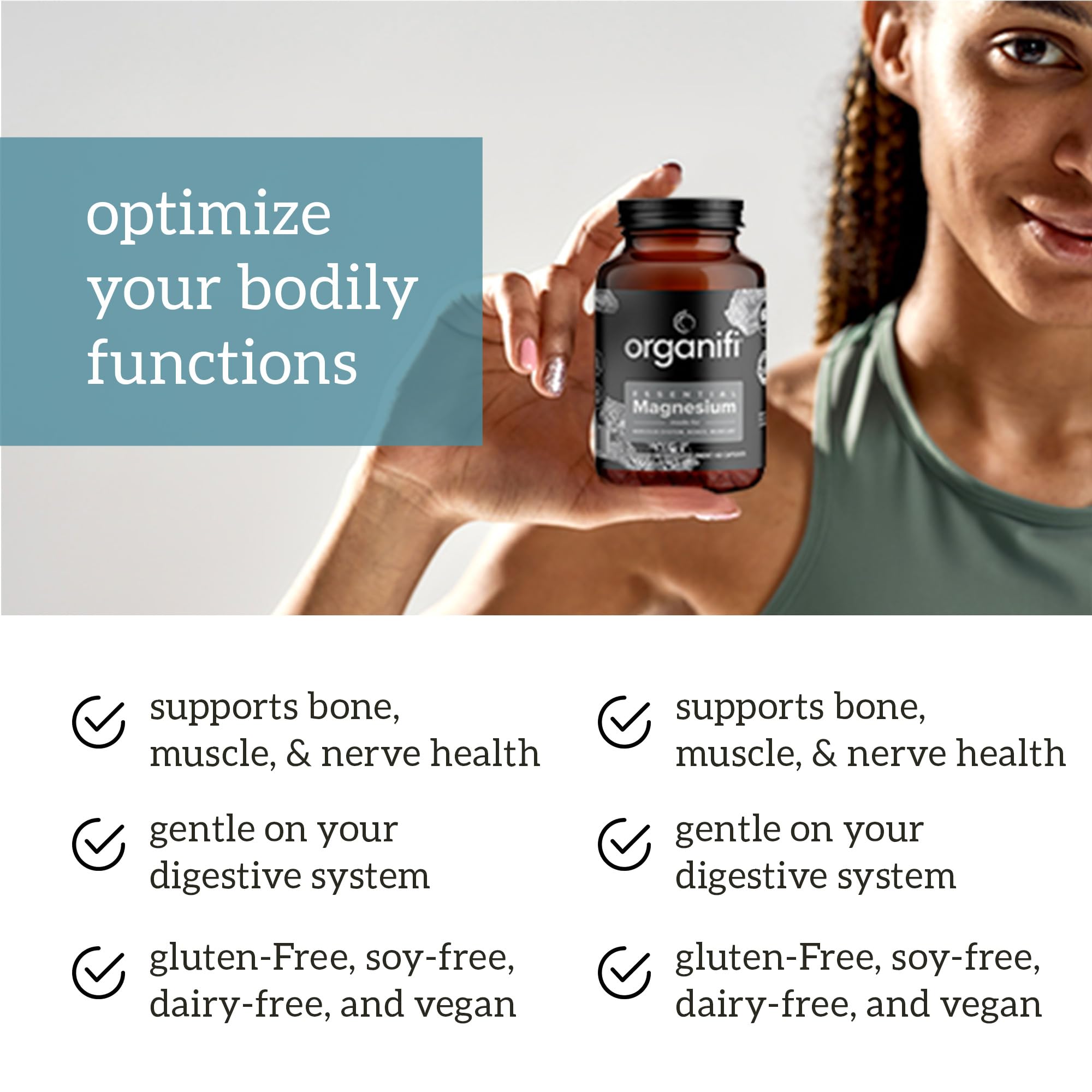 Label detail showing magnesium glycinate content and vegan capsule benefits.