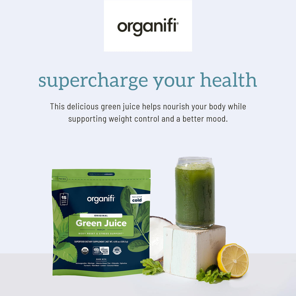 Organifi GO Packs green juice in a glass ready for a quick sip.
