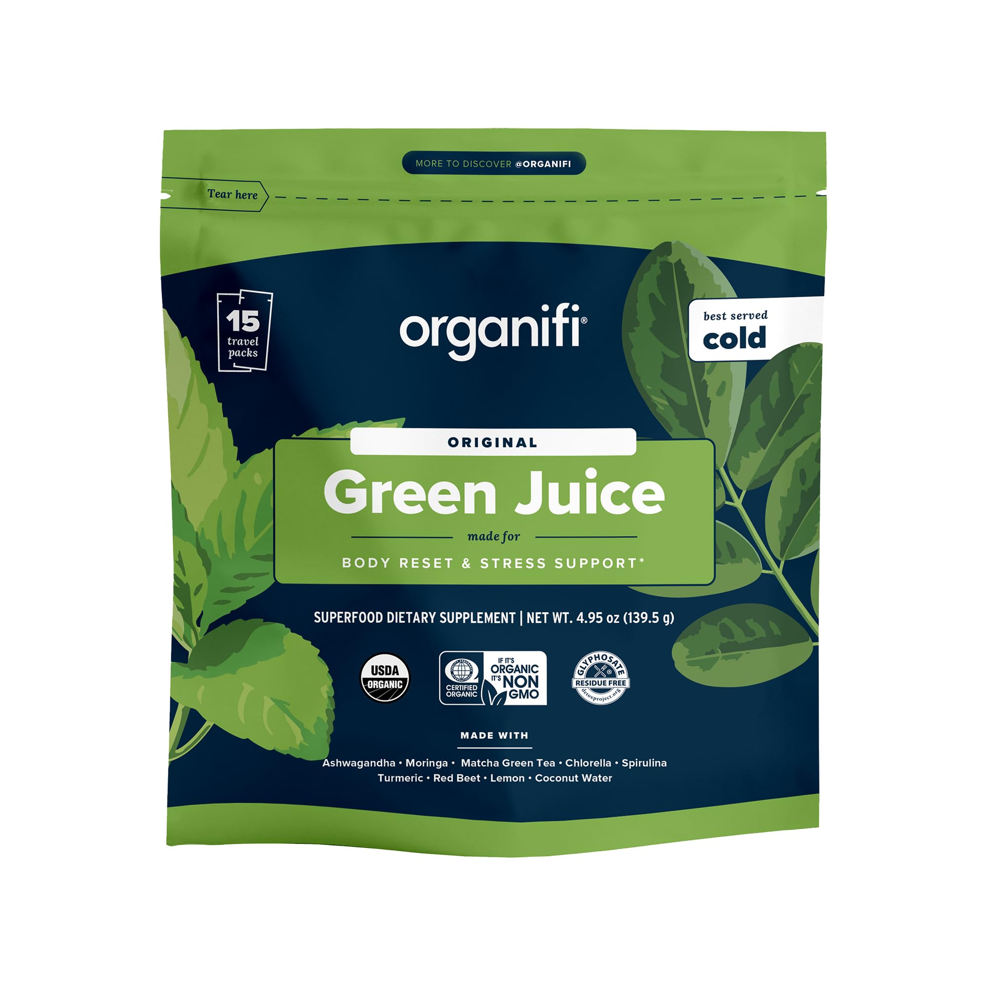 Organifi GO Packs green juice travel pack for on-the-go nutrition.